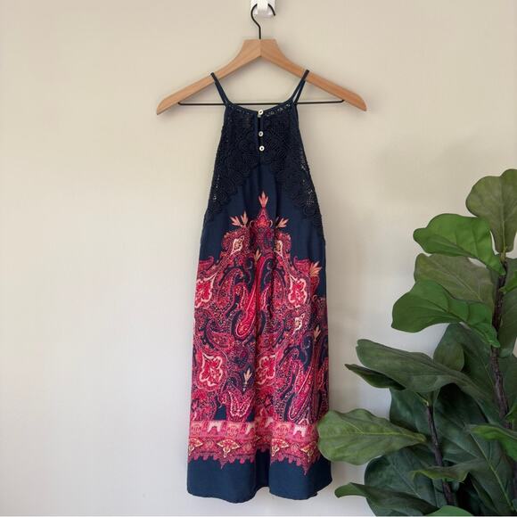 Free People Intimately Boho Paisley Pattern Spaghetti Strap Dress Button Up Lace - Picture 2 of 9